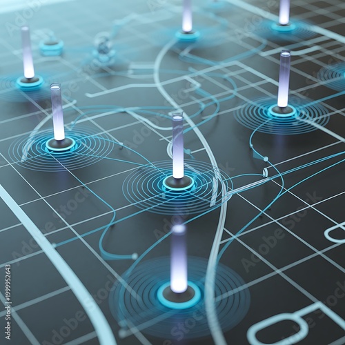 Futuristic digital network grid with glowing blue nodes and connecting lines on a dark grid background representing data flow and connectivity concepts Keywords: network, digital, grid