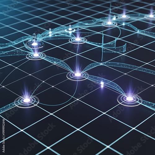 Futuristic digital network grid with glowing nodes connected by luminous blue lines on a dark grid background representing data transfer and global connectivity Keywords: network, digital