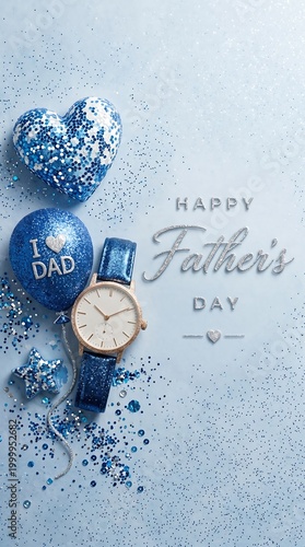 Happy fathers day greeting card with a blue glitter heart balloon a wrist watch and scattered sequins on a light blue textured background