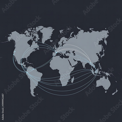 Global map with interconnected light blue lines showing international travel routes and worldwide connections on a dark background representing global logistics and communication networks
