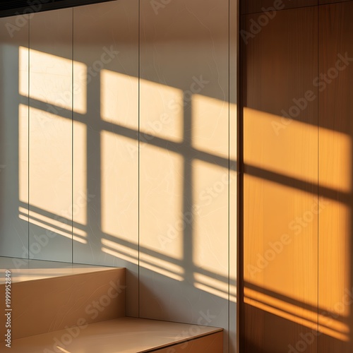 Sunlight Casting Geometric Window Shadows on Modern Interior Walls and Wooden Cabinetry with a Staircase in Warm Golden Hour Light Creating a Peaceful and Architectural Ambiance