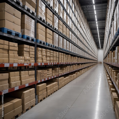 Vast interior of a modern warehouse filled with towering shelves stacked with cardboard boxes and pallets under bright artificial lighting showcasing logistics and inventory management Keywords