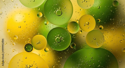 Abstract macro of yellow and green oil bubbles in water