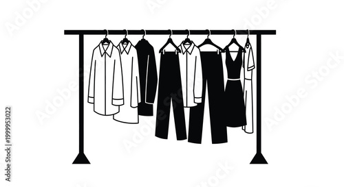 Clothes rack silhouette with hanging garments on white background