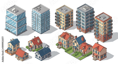 Collection of isometric buildings and houses in pixel art style.