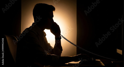 Silhouette of a man talking on the phone in a dark room.