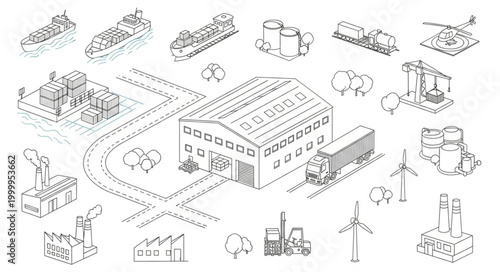 Industrial isometric illustration of factories and transportation elements.