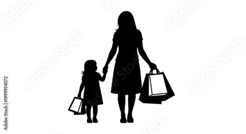 Silhouette of a mother and child shopping together with bags.