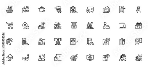 Online Shopping icon set. Minimal line vector pack. Includes symbols for Household, Fashion, Electronics, Gift, Review, Shipping, Customer service, Toy, Camera and more.