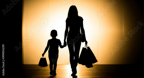 Silhouette of a Mother and Child Shopping Together.