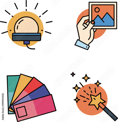 Creative design icons set with lightbulb photo frame color palette and magic wand, tools for artist photographer and graphic designer flat vector.