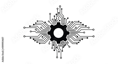 Circuit board with gear illustration black on white background