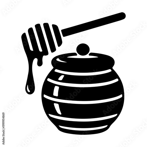 Minimalist Black Honey Pot with Dipper and Drips Vector