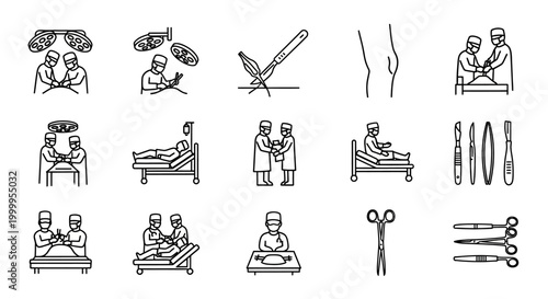 Surgical Line Icon Set Depicting Medical Procedure Equipment and Patients