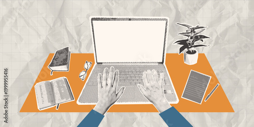 Online education halftone collage with hands typing on laptop, books, notebook, glasses and desk scene. Black and white home study concept for distance learning and e-learning. Vector illustration