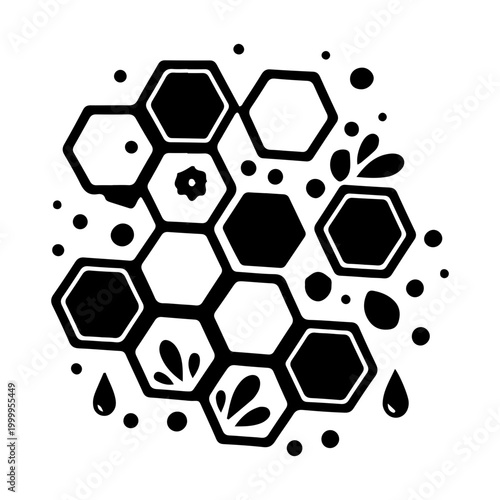 Stylized Black and White Honeycomb Illustration with Honey Drops