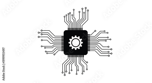 Microchip with gear and circuit lines black silhouette on white
