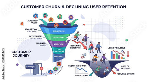 Business graph shows customer churn and declining user retention rates