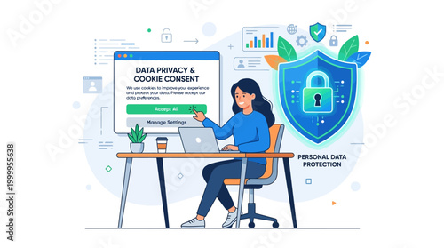 A woman sits at a desk working on a laptop with a data privacy and cookie consent screen in a modern office environment.