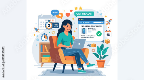 A woman relaxes on a couch with a laptop, surrounded by icons and a plant in a cozy indoor setting.