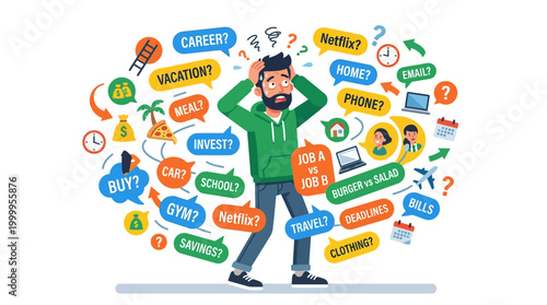 A stressed man surrounded by colorful speech bubbles and icons representing various career and business concepts.