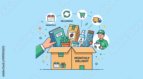 An illustration depicts a person receiving a monthly subscription box with various items emerging from it.