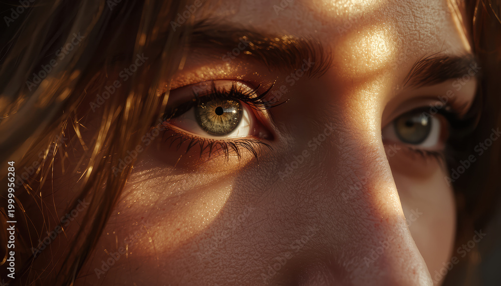 Fototapeta premium Green hazel eye close up with warm sunlight and soft shadow glow