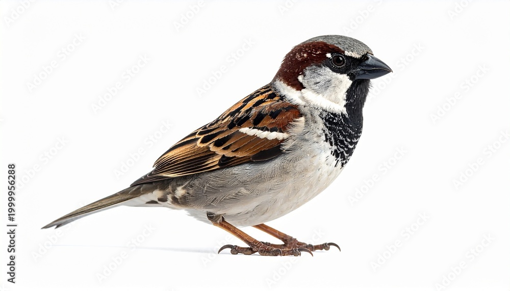 Fototapeta premium House sparrow standing on white background with detailed plumage
