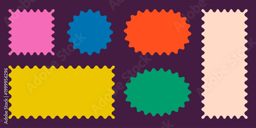 Set of border wavy scallop figures. Wave edge frames, abstract vector shapes. Decorative stickers with zigzag squiggle curves, flat retro y2k style for photo labels, collage, kid graphic design