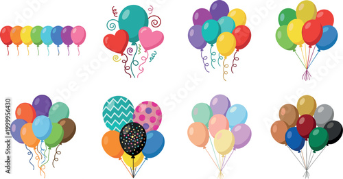Colorful vector illustration set of diverse birthday party balloon bunches with various patterns and heart shapes.
