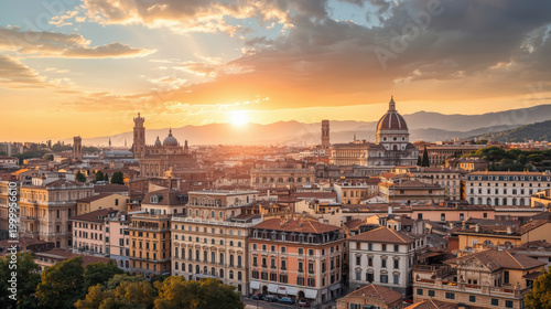 Golden sunset over panoramic city skyline with historic cathedral dome and warm light