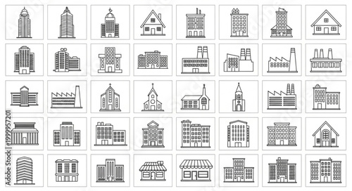 Collection of Building Icons Representing Various Architecture Styles.