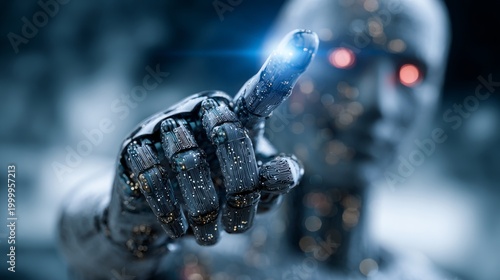 Futuristic humanoid ai robot pointing forward in cyber space, smart digital world metaverse concept with advanced technology, artificial intelligence, data networks and virtual innovation environment