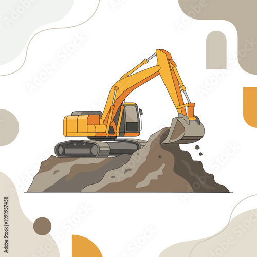 Foto Yellow Excavator Digging Soil on Construction Site in Flat Vector Style Isolated