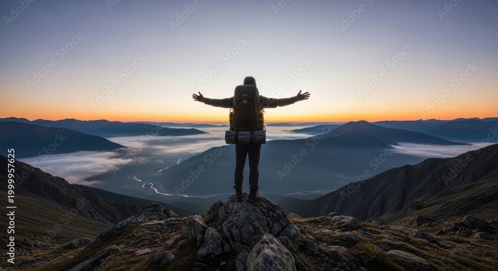 Obraz premium Majestic Silhouette of Adventurer at Sunrise Over Mountain Range