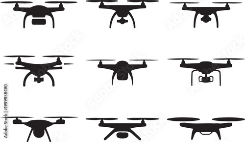 Drone silhouette icon set quadcopter aerial technology collection