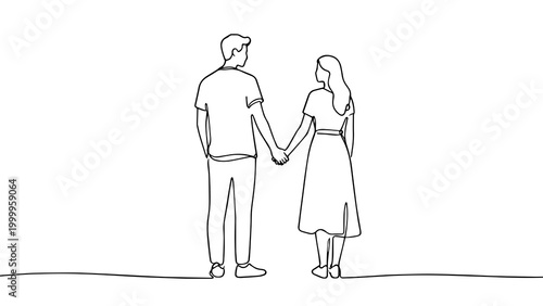 Minimalist One Line Art Couple Holding Hands Back View Relationship Love Theme Illustration for Romantic and Lifestyle Concept