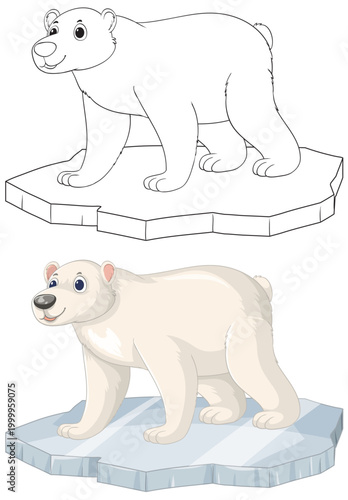 Polar Bear Standing on Ice Floe Coloring Page and Color Illustration