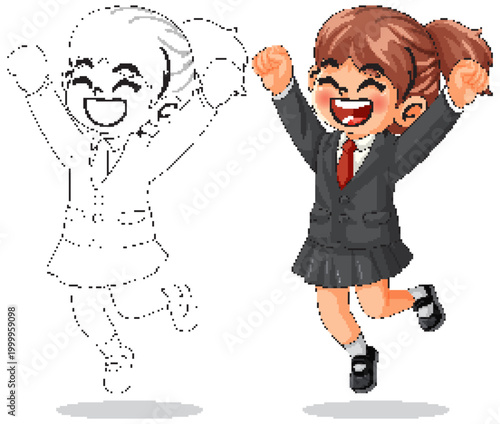 Happy Schoolgirl Jumping in Uniform Vector Illustration