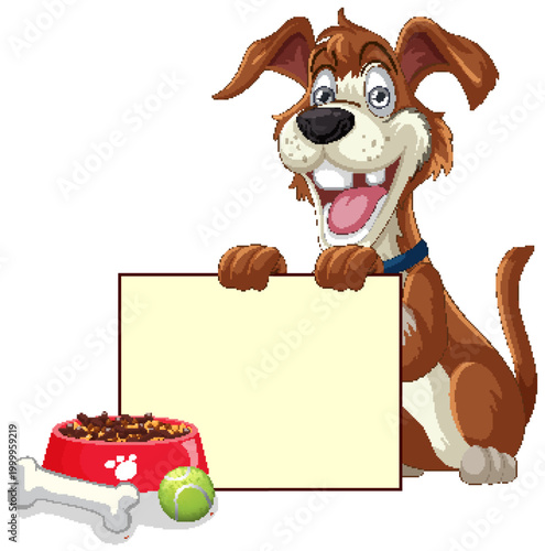 Happy Cartoon Dog Holding Blank Sign with Food Bowl and Bone