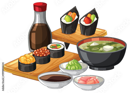 Japanese Sushi Set with Miso Soup Soy Sauce and Wasabi Vector