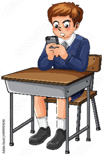 Schoolboy Using Smartphone at Classroom Desk