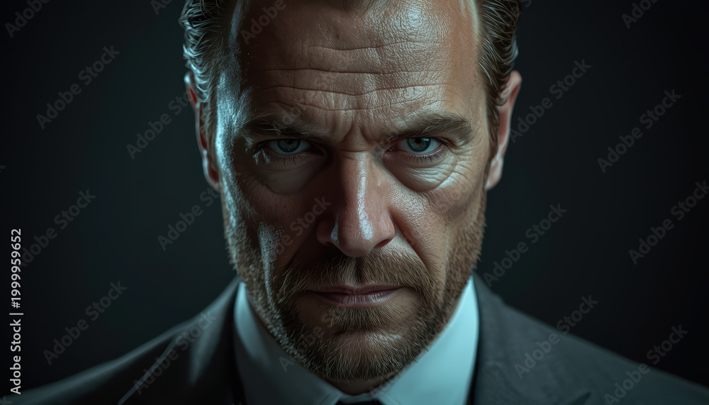 Fototapeta premium Intense mature man portrait with dramatic lighting, textured skin, beard, suit
