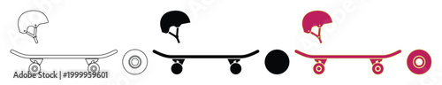 Skateboard icon set with safety helmet and wheels, minimalist skateboarding equipment vector illustrations, black and pink extreme sports gear