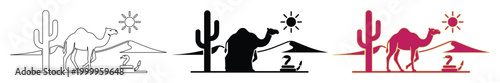 Desert landscape icons with camel and cactus, minimalist desert wildlife vector set, hot wilderness scene with sun and sand dunes