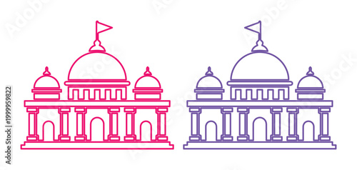 Minimalist palace line icons, pink and purple government building vector illustrations, architectural landmark symbols for travel and tourism