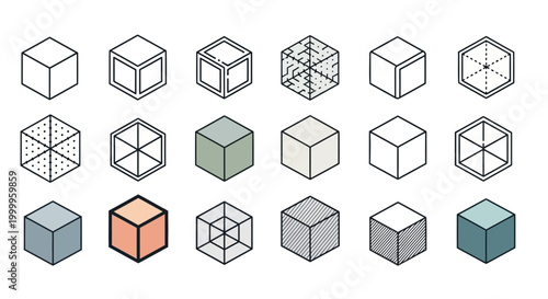 Abstract Geometric Cube Icons Set, 3D Isometric Shapes, Wireframe, Solid, Patterned