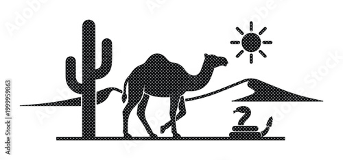 Desert landscape silhouette with camel and cactus, minimalist black desert scene vector, wild animal icons with sun and rattlesnake