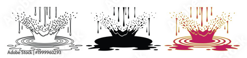 Liquid splash vector set, water ripple and droplet crown illustrations, black and colorful fluid impact icons for beverage and cosmetic design