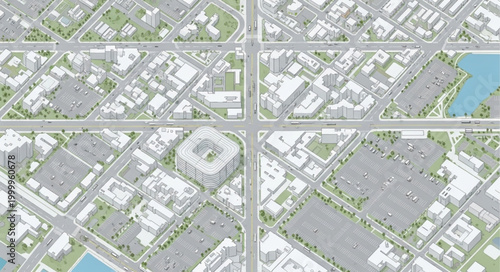Aerial view of a city intersection with buildings and roads.